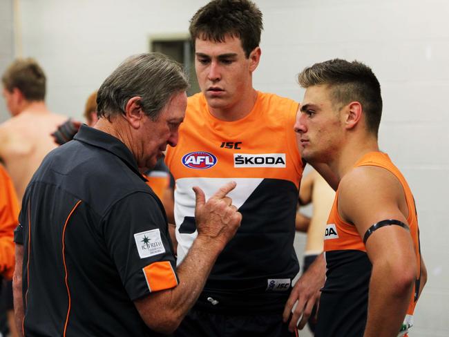 Kevin Sheedy talks to a young Jeremy Cameron and Stephen Coniglio.