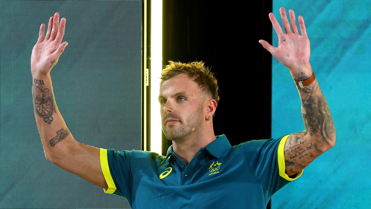 Kyle Chalmers waves to the crowd during the Australian 2024 Paris Olympic Games Swimming Squad Announcement at Brisbane Aquatic Centre on June 15, 2024 in Brisbane, Australia. (Photo by Quinn Rooney/Getty Images)