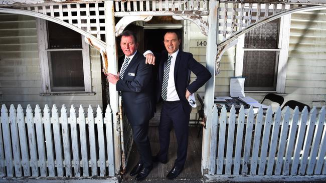 Former AFL coach turned real estate agent Denis Pagan at his old home with son Ryan. Picture: Rob Leeson