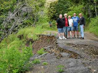 Concerned residents Murray Ings, John Sheldon, Ian Hooper, Gary Ryab, and Michael Langham at Oakey Creek Road which is one of the many roads that need to be repaired in the region. Picture: Marc Stapelberg