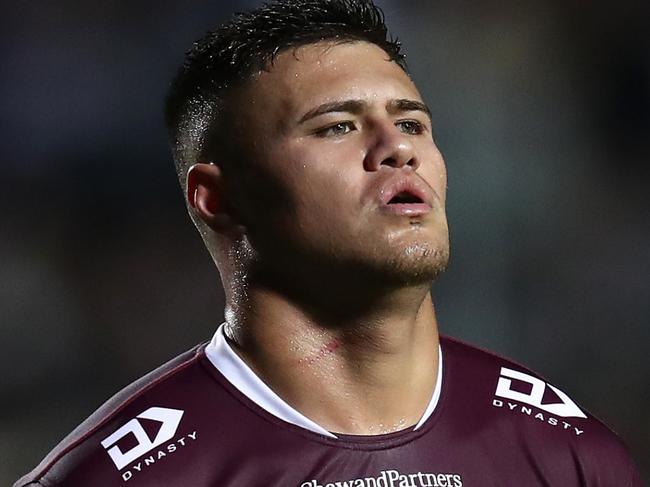 SYDNEY, AUSTRALIA - JUNE 09:  Josh Schuster of the Sea Eagles reacts during the round 15 NRL match between Manly Sea Eagles and Dolphins at 4 Pines Park on June 09, 2023 in Sydney, Australia. (Photo by Jason McCawley/Getty Images)