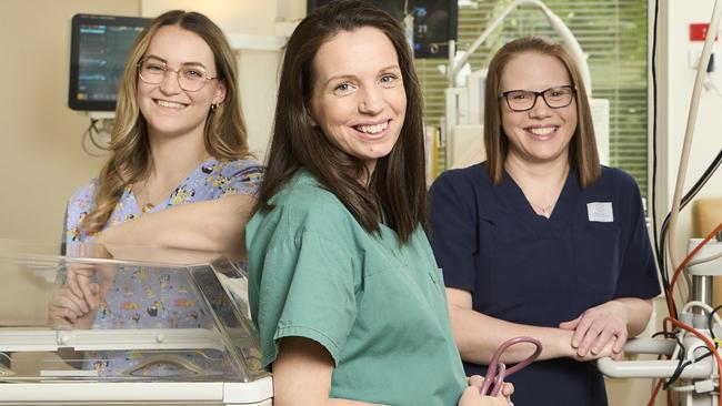 Nurse, Rebekah Blacket with Dr Kathryn Martinello, and Sarah Wauchope at Flinders Medical Centre in Bedford Park, where they save premature babies every day, Tuesday, Oct. 31, 2023. Picture: Matt Loxton