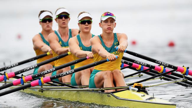 RIO DE JANEIRO, BRAZIL - AUGUST 08:  Jessica Hall of Australia, Kerry Hore of Australia, Jennifer Cleary of Australia and Madeleine Edmunds of Australia compete in the Women's Quadruple Sculls Repechage 1 on Day 3 of the Rio 2016 Olympic Games at the Lagoa Stadium on August 8, 2016 in Rio de Janeiro, Brazil.  (Photo by Matthias Hangst/Getty Images)