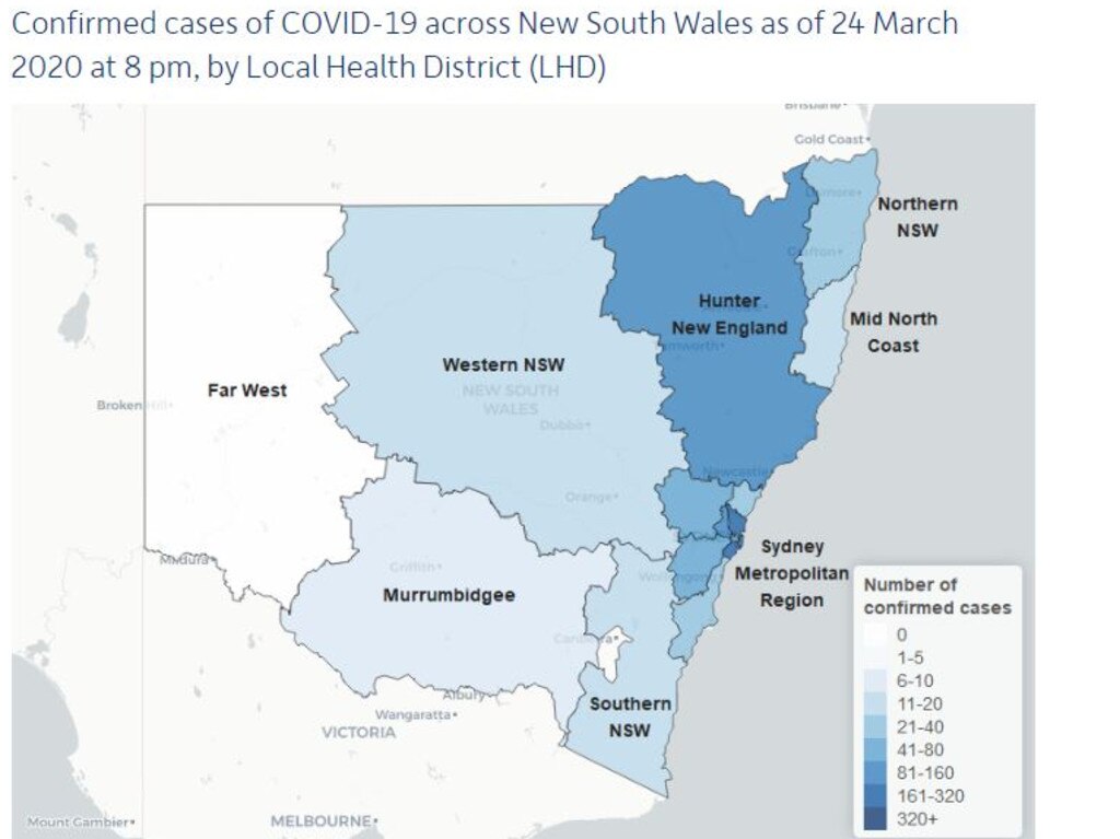 The map of confirmed COVID-19 cases across NSW as at 8pm on March 24, 2020. Picture: NSW Health