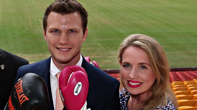 Jeff Horn with Queensland major events minister Kate Jones at Suncorp Stadium. Picture: Annette Dew