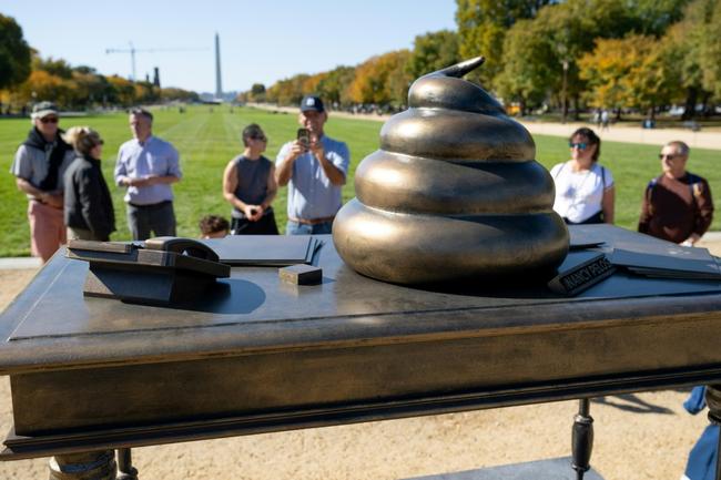 An installation depicting a pile of feces on the desk of former US speaker of the House Nancy Pelosi was set up in Washington