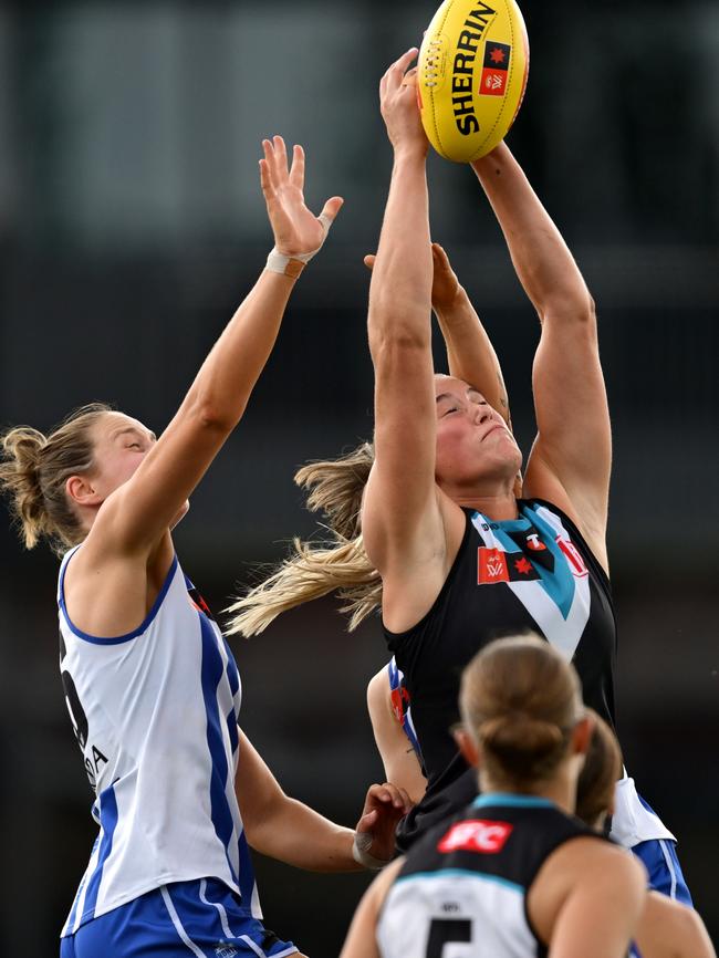 The Power ruck marks during the AFLW Preliminary Final match against the North Melbourne Tasmanian Kangaroos. Picture: Quinn Rooney/Getty Images