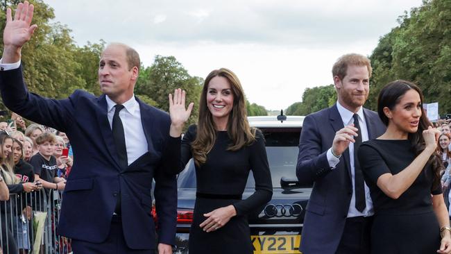 Prince William, Prince of Wales, Catherine, Princess of Wales, Prince Harry, Duke of Sussex, Meghan, Duchess of Sussex reunited for the Long walk at Windsor. Picture: AFP