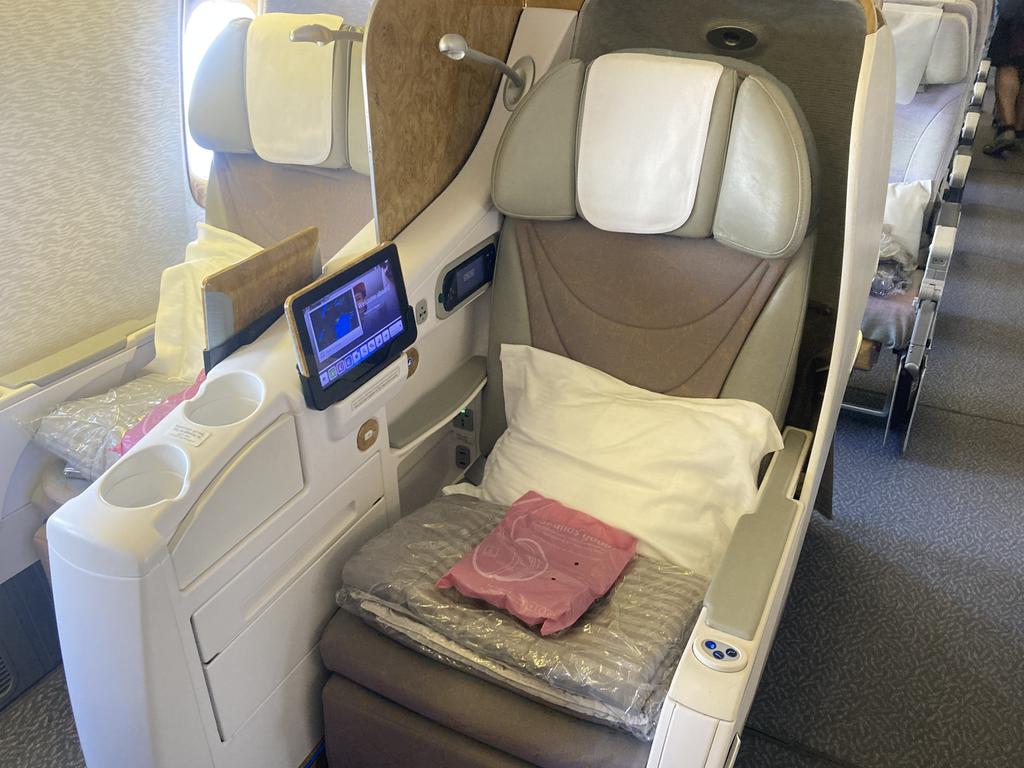 The seats on the Emirates B777-300 are spacious. Picture: news.com.au