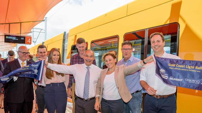 Opening morning of the Stage 2 of the Gold Coast light rail. John Witheriff, Meaghan Scanlon Mark Bailey, Gold Coast Mayor Tom Tate, Deputy Premier of QLD Jackie Trad, Rob Molhoek MP and Federal Tourism Minister Steven Ciobo at the official opening and ribbon cutting of the stage 2 of the light rail from Helensvale to Southport. Picture: Jerad Williams