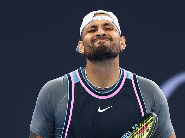 BRISBANE, AUSTRALIA – JANUARY 01: Nick Kyrgios reacts in the Men's Doubles match partnered with Novak Djokovic against Michael Venus and Nikola Mektic during day four of the 2025 Brisbane International at Pat Rafter Arena on January 01, 2025 in Brisbane, Australia. (Photo by Chris Hyde/Getty Images)