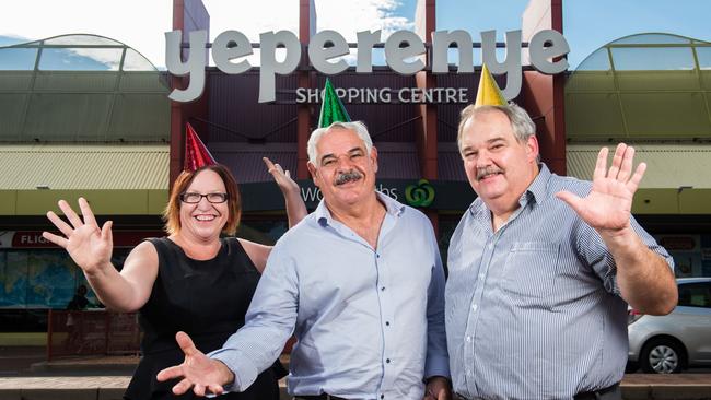 Yeperenye Managing Direct Owen Cole (middle), former Marketing Manager Nicole Walsh, and long-term retailer David Kemp, who has since retired, prepare to celebrate the 30th birthday of the shopping outlet. Alice Springs November 30 2017. Photo: EMMA MURRAY