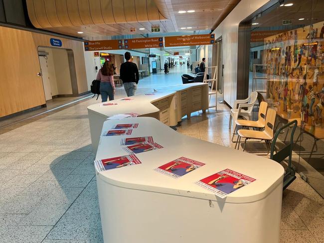 Flyers calling for healthcare staff to join pro-Palestine protests strewn on the reception desk at a major hospital. Picture: Supplied