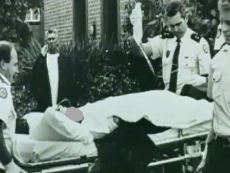 The woman, JF, shot by Ross Sales at Wyong Local Court in 1995 is treated by paramedics. Picture: supplied.