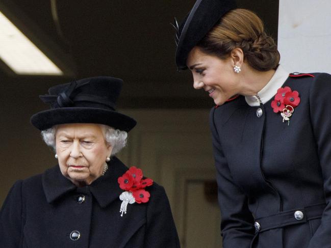 Queen Elizabeth II and Catherine, Duchess of Cambridge attend the Remembrance Sunday ceremony at the Cenotaph on Whitehall in 2018. Picture: AFP