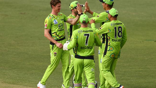 PERTH, AUSTRALIA - JANUARY 09: Brendan Doggett of the Thunder celebrates the wicket of Mitch MarshÃÂ of the Scorchers during the Big Bash League match between the Perth Scorchers and the Sydney Thunder at Optus Stadium, on January 09, 2021, in Perth, Australia. (Photo by Paul Kane/Getty Images)