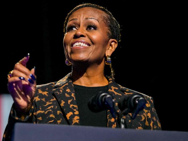 Ms Obama delivered a searing speech at a campaign rally for Kamala Harris in Kalamazoo, Michigan on October 26. Picture: Brandon Bell/Getty Images/AFP