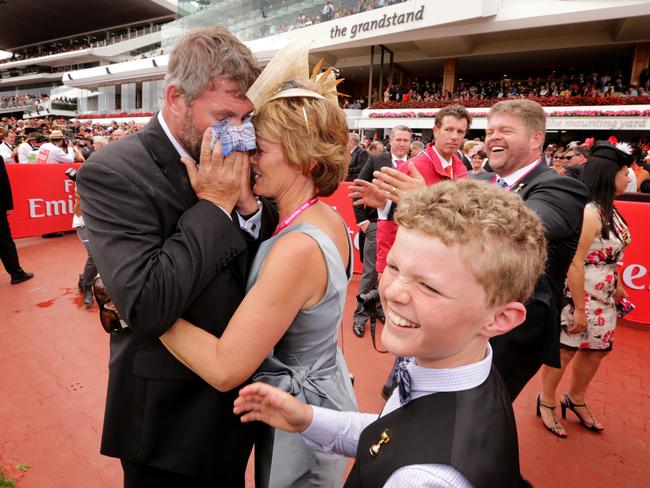 Part Owner Walter Power in tears after Protectionist wins the 2014 Melbourne Cup at Flemington.