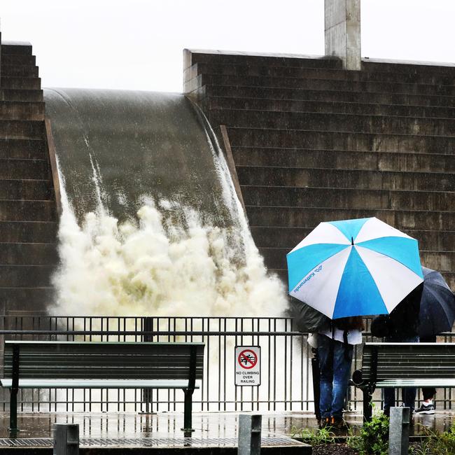 Hinze Dam overflowing. Picture: NIGEL HALLETT