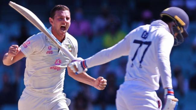 Josh Hazlewood celebrates nicking off Shubman Gill.