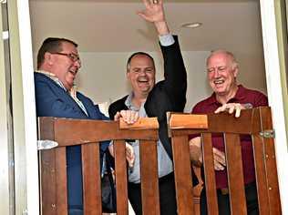 OPEN FOR BUSINESS: Assistant Minister for Roads and Transport Scott Buchholz, Member for Fairfax Ted O'Brien and Buderim Men's Shed President Barry Cheales officially open Buderim Men's Shed. Picture: Warren Lynam