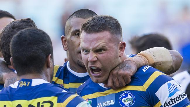 Nathan Brown of the Eels reacts after making a strong tackle during the Round 5 NRL match between the Parramatta Eels and the Penrith Panthers at ANZ Stadium in Sydney, Sunday, April 8, 2018. (AAP Image/Craig Golding) NO ARCHIVING, EDITORIAL USE ONLY