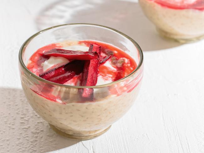 Brown sugar rice pudding with rhubarb. Picture: Nikki To