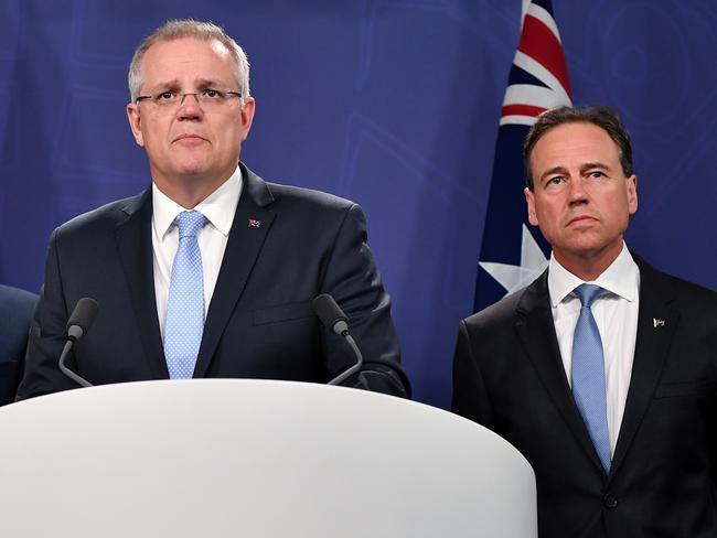 Prime Minister Scott Morrison and Minister for Health Greg Hunt speak to the media. Picture: AAP