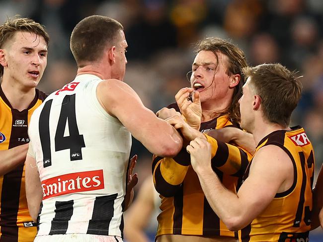 Ginnivan was the best player on the ground in a game against his former side. (Photo by Graham Denholm/AFL Photos/via Getty Images)