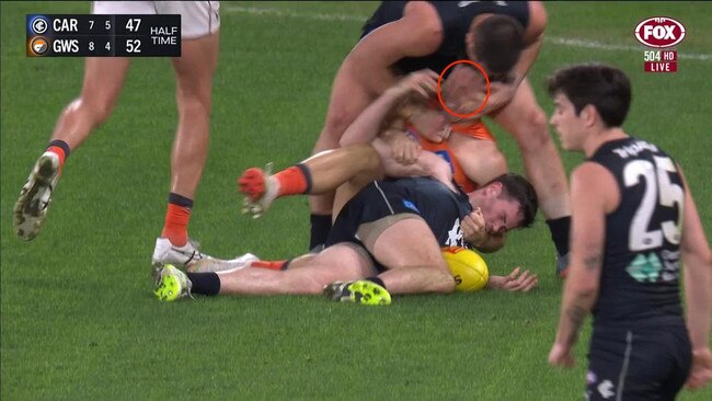 The incident between Jacob Weitering and Toby Greene on Sunday.