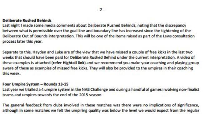 Part of the AFL memo circulated to clubs. Picture: Supplied