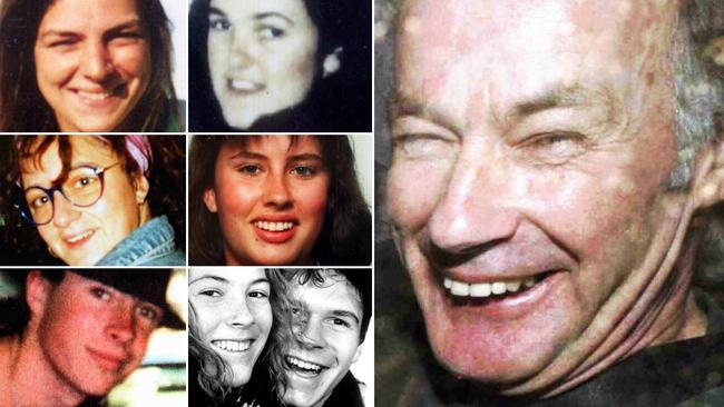 Ivan Milat and his seven backpacker victims. Picture: Rick Rycroft.