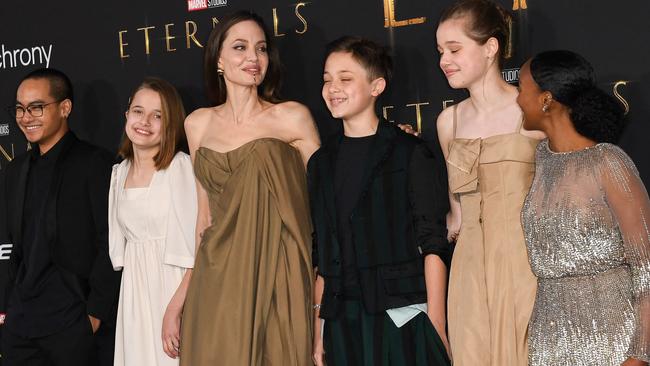 Angelina Jolie and her children Maddox, Vivienne, Knox, Shiloh and Zahara at the Eternals premiere. Picture: Valerie Macon/AFP