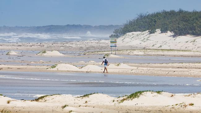 Erosion at the mouth of Pumicestone Passage looking towards Bribie Island as Cyclone Alfred continues to approach southeast Queensland. Picture: Lachie Millard