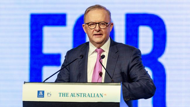 Prime minister Anthony Albanese during his keynote address at the Economic & Social Outlook Conference in Melbourne. Picture: Aaron Francis