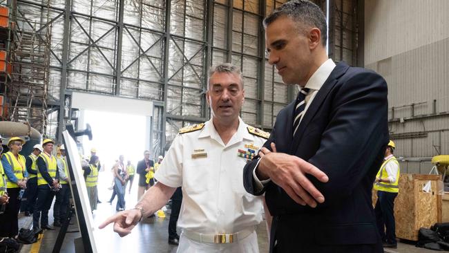 Vice Admiral Jonathan Dallas Mead and Premier Peter Malinauskas at Osborne shipyard on Friday. Picture: NCA NewsWire / Morgan Sette