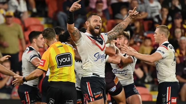 Jared Waerea-Hargreaves celebrates the win over the Broncos. Picture: NRL Images