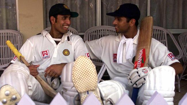 14/03/2001. Second Test, Australia v India at Eden Gardens in Calcutta. Day 4. V.V.S. Laxman and Rahul Dravid after their record-breaking day. cricket.
