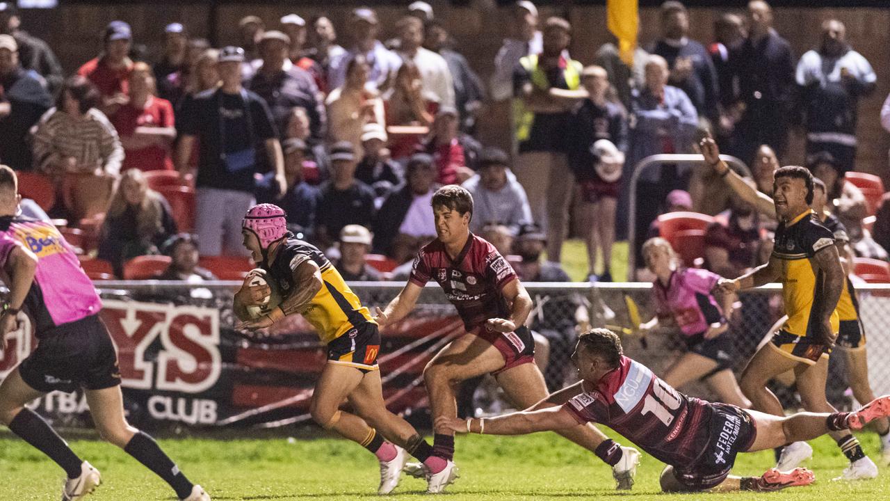 Joel Hughes on the way to try for Gatton against Valleys in TRL Hutchinson Builders A-grade grand final rugby league at Toowoomba Sports Ground, Saturday, September 14, 2024. Picture: Kevin Farmer