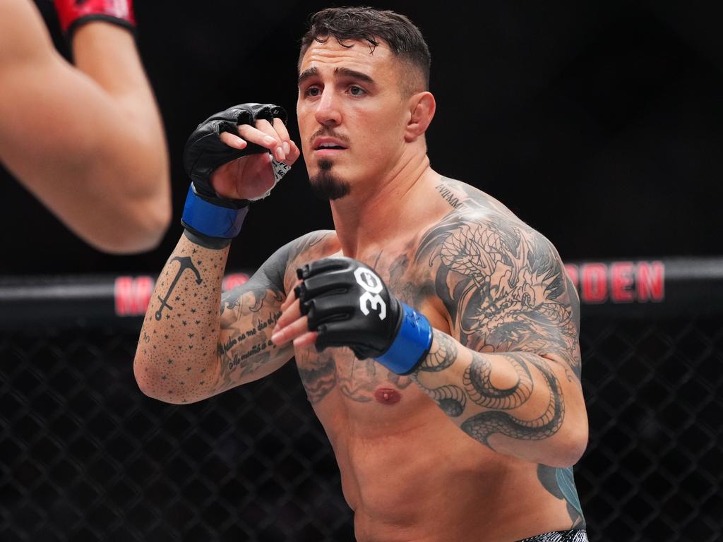 Interim heavyweight champion Tom Aspinall comes from a rugby league town in the north of England, and played footy as a youngster. Picture: Cooper Neill/Zuffa LLC via Getty Images