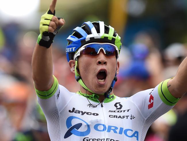 Australian rider Caleb Ewan of team OricaÐGreenEDGE celebrates winning stage 1 of the Tour Down Under in Lyndoch, near Adelaide, Tuesday, Jan. 19, 2016. (AAP Image/Dan Peled) NO ARCHIVING, EDITORIAL USE ONLY