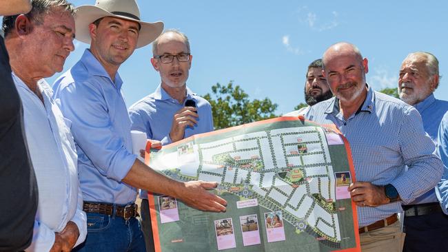 Litchfield Mayor Doug Barden, Planning Minister Joshua Burgoyne, The Parks development director Andrew Bartington, HB Group Michael Halkitis, Treasurer Bill Yan and HB Group John Halkitis as the first lots within Stage 1 of the Holtze Land Release are ready to hit the market, marking a key milestone for the major urban development. Picture: Pema Tamang Pakhrin