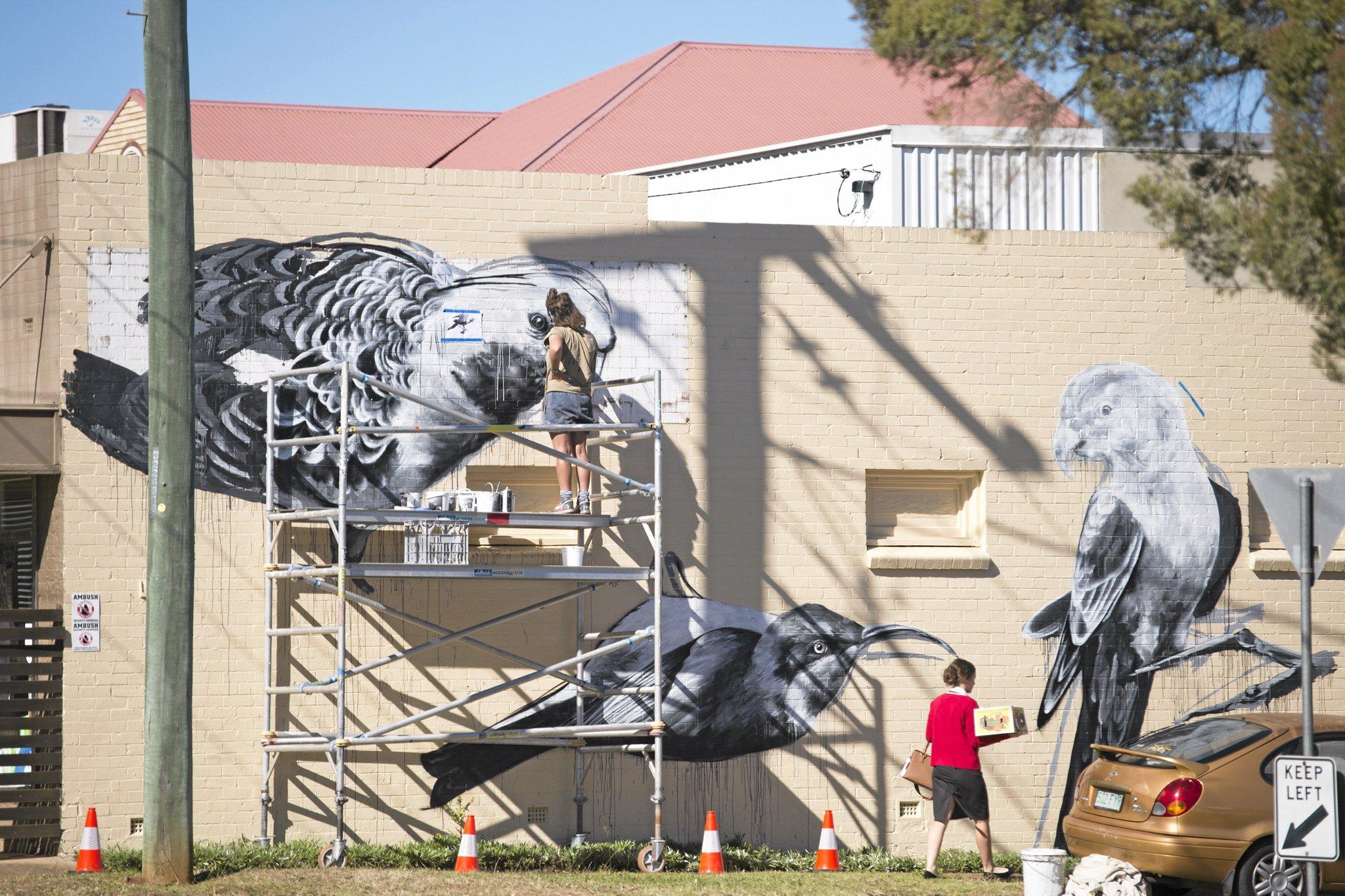 Noke at work on her First Coat wall of corner of Neil and Campbell Sts, Monday, May 30, 2016. Picture: Kevin Farmer