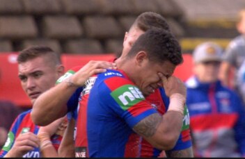 Newcastle's Dane Gagai crying on the field, May 2017