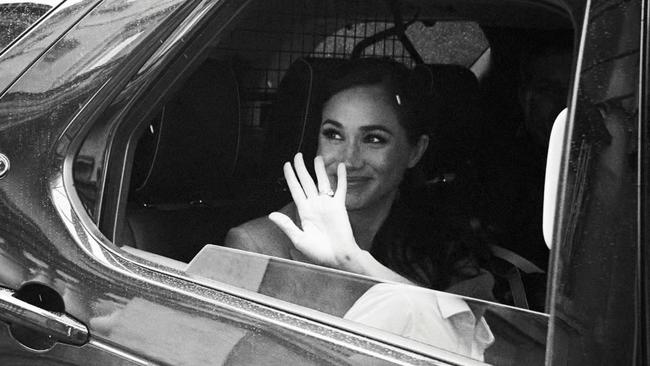 An emotional Meghan waved goodbye to Harry. Picture: Netflix