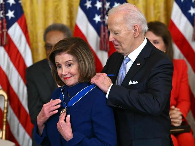 US President Joe Biden presents the Presidential Medal of Freedom to US Representative Nancy Pelosi in May. Picture: Andrew Caballero-Reynolds/AFP