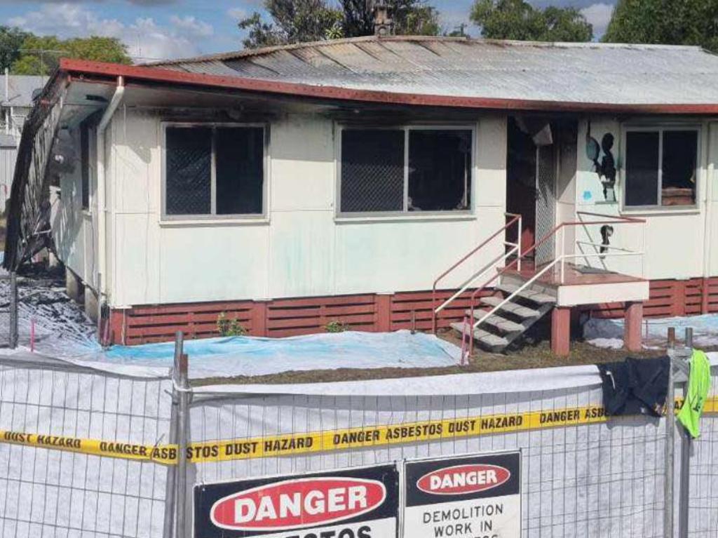 Asbestos removal and demolition work in progress at the Biloela property after it was destroyed by fire on July 1.