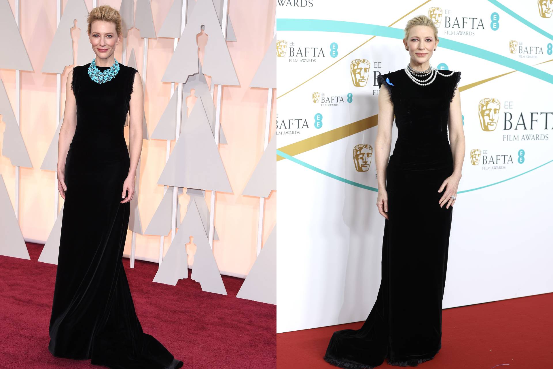 <p><strong>Maison Margiela at the 2015 Oscars and 2023 BAFTAs</strong></p><p>Blanchett wore the same Margiela gown that she attended the 2015 Oscars in to the 2023 BAFTAs, updating the look with a pearl Louis Vuitton necklace instead of the turquoise statement Tiffany &amp; Co. piece that she originally paired it with.</p>