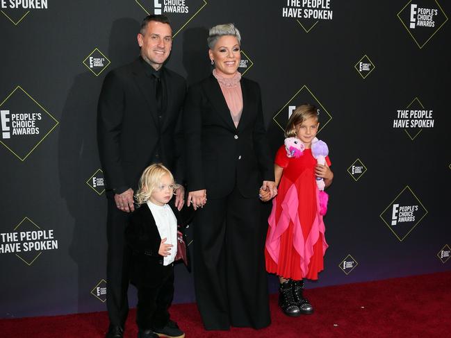 The singer with her husband, Carey Hart, and children, Willow and Jameson. Picture: Jean-Baptiste Lacroix/AFP