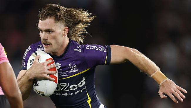 SYDNEY, AUSTRALIA - OCTOBER 06:  Ryan Papenhuyzen of the Storm runs the ball during the 2024 NRL Grand Final match between the Melbourne Storm and the Penrith Panthers at Accor Stadium on October 06, 2024, in Sydney, Australia. (Photo by Cameron Spencer/Getty Images)